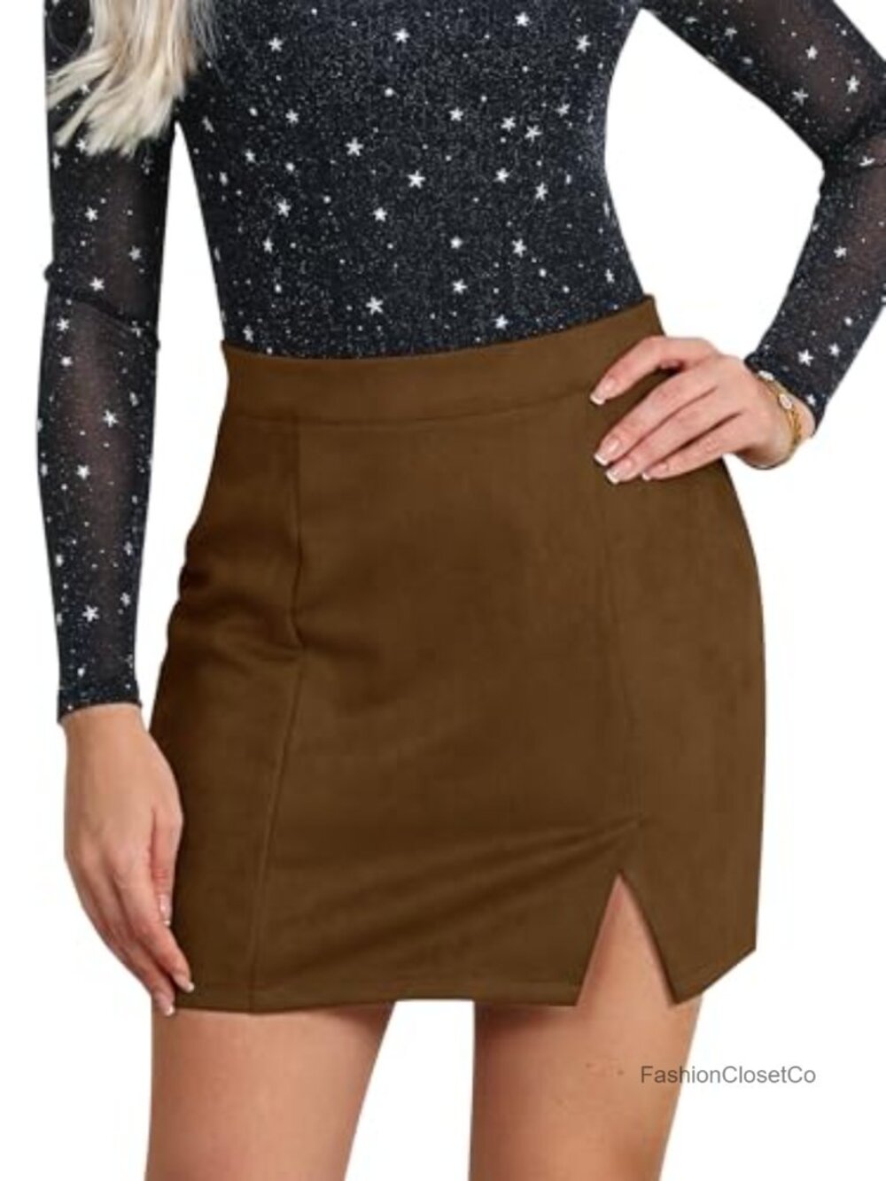 Women Faux Suede Mini Skirt with Slit High Waisted Bodycon Short Skirts